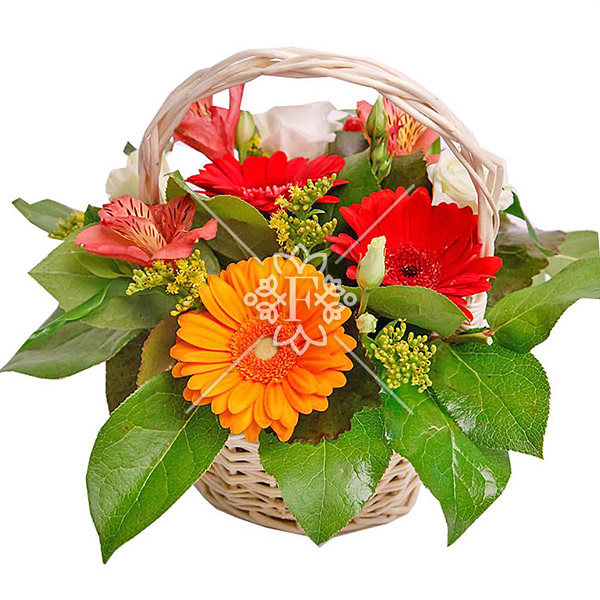 Яркие моменты - корзина с герберами и эустомой